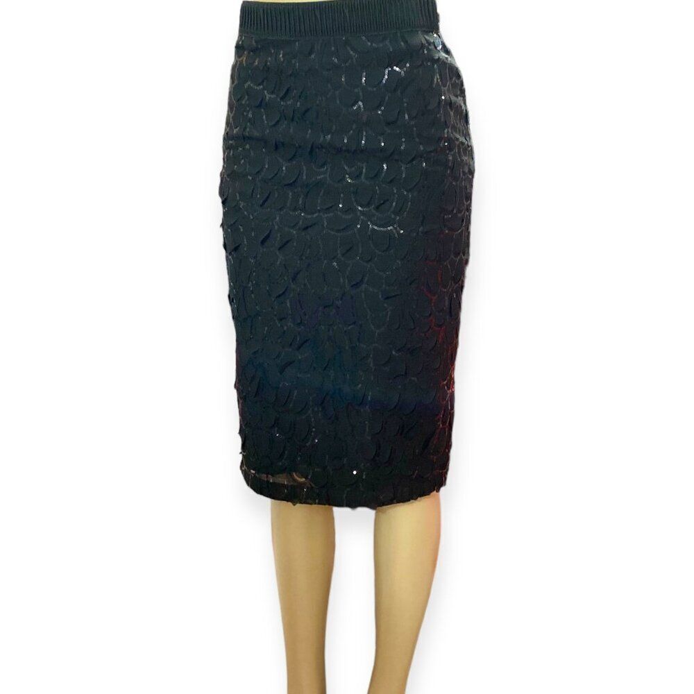 Black Sequins Scallop Detailed Formal Pencil Knee Length Skirt NEW